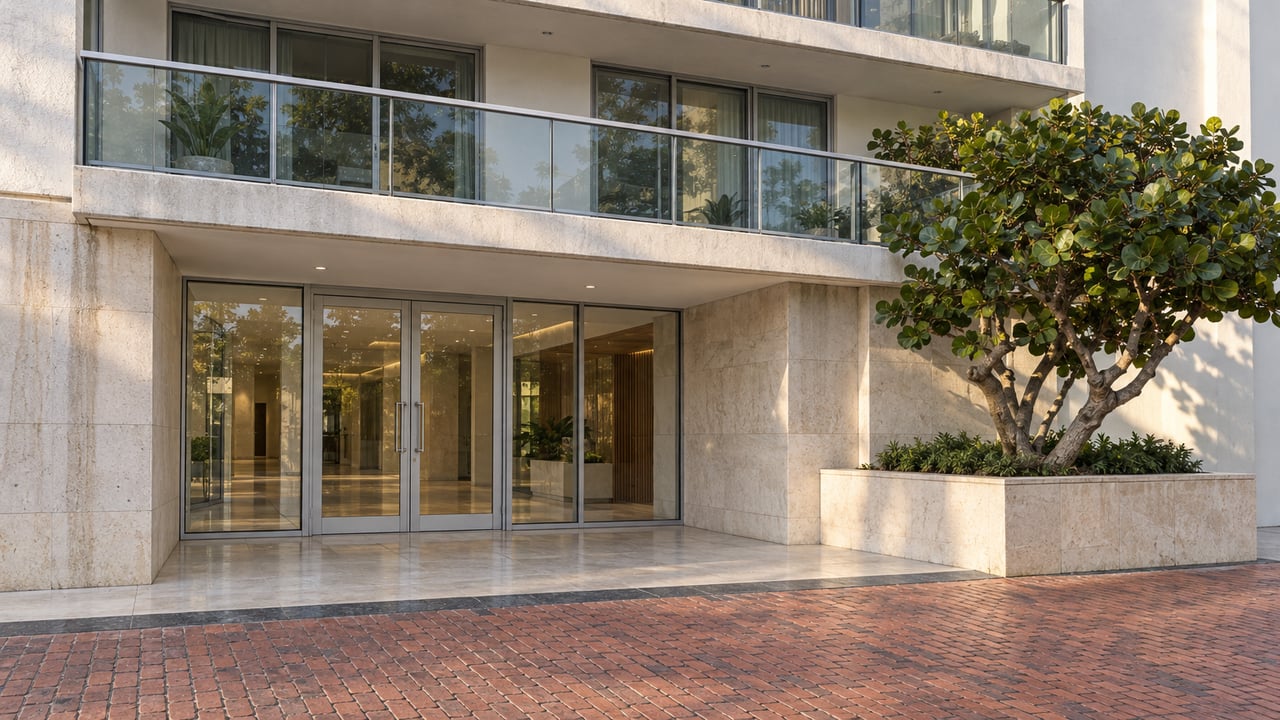 Glass condominium entrance above a worn brick sidewalk, framed by limestone and white stucco, with two glass balconies and a sculptural sea grape tree.