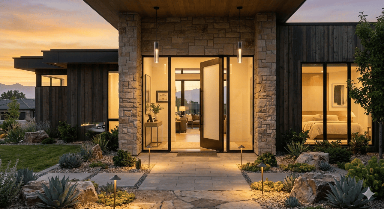 Modern home with open front door