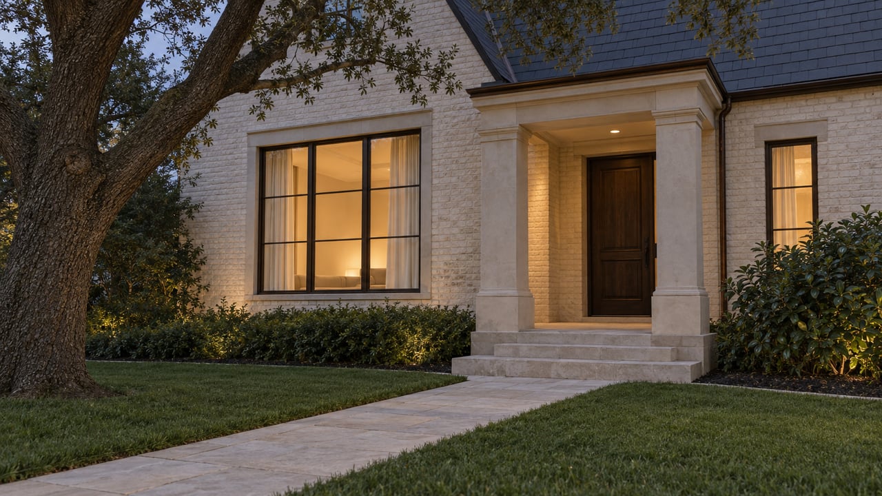 Ivory painted-brick home at dusk with warm windows, a limestone entry and walk, and a mature live oak beside a deep front lawn.