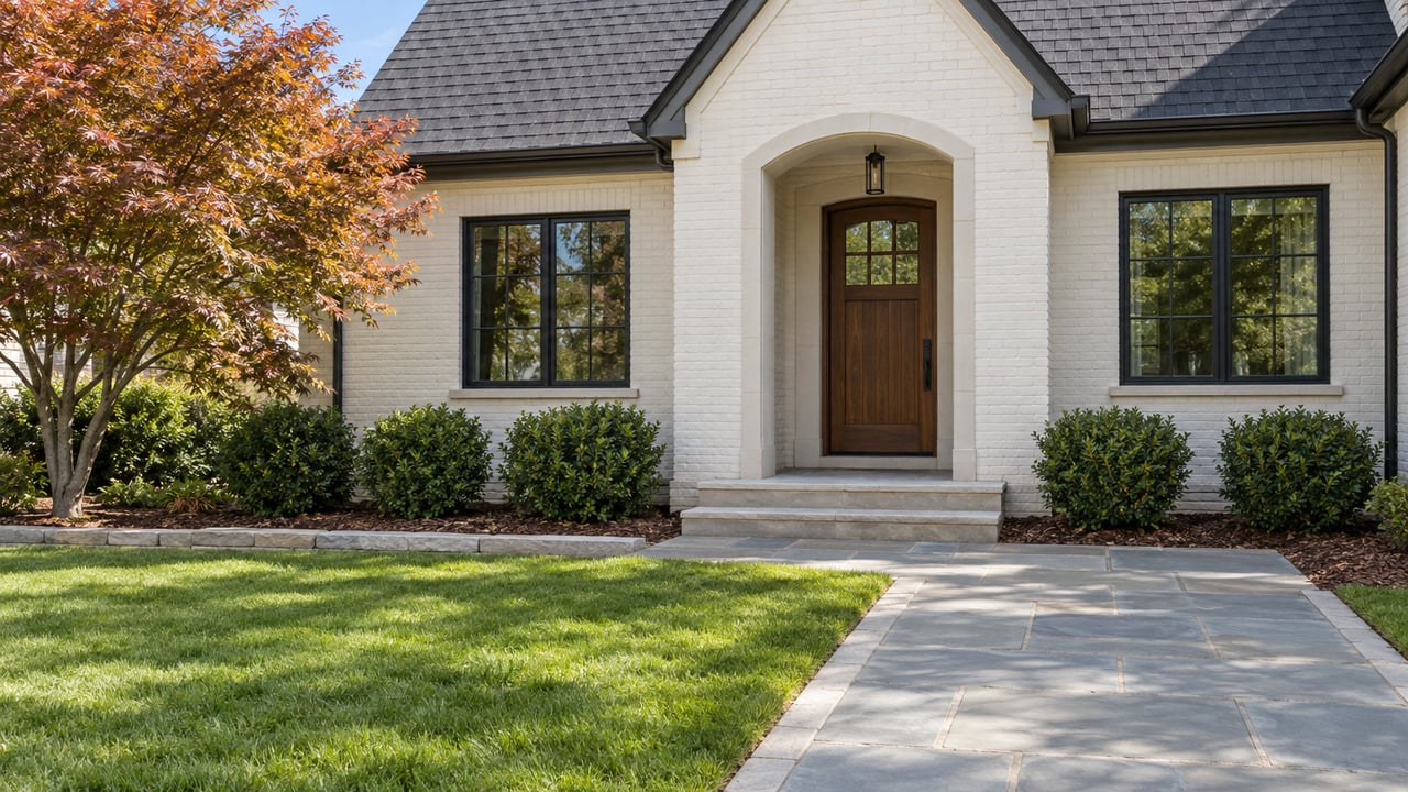 Cream painted-brick home with a steep charcoal roof, walnut entry door, limestone steps and broad lawn beside a Japanese maple.
