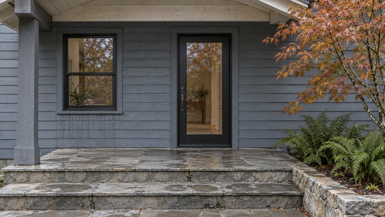 Covered entry with a glazed black door, blue-gray siding, stone steps, and copper-leaved maple branches.