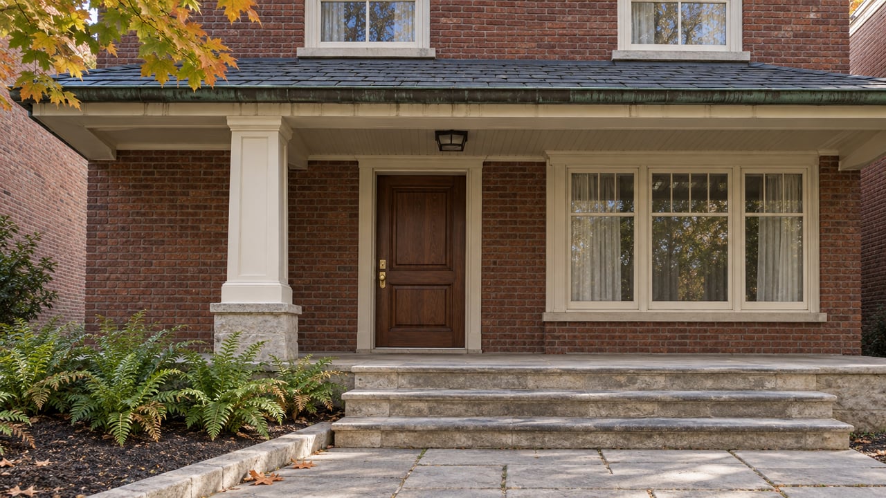 Red-brick home with a covered timber porch, walnut front door, limestone steps and autumn maple leaves.