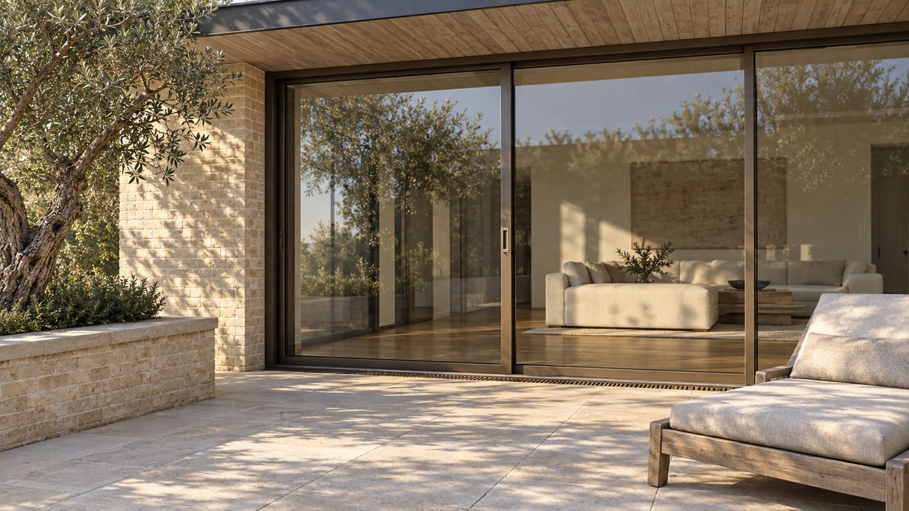 Morning light crosses a limestone terrace beside bronze-framed glass doors, a cedar overhang, a teak lounge chair and an olive in a brick planter.