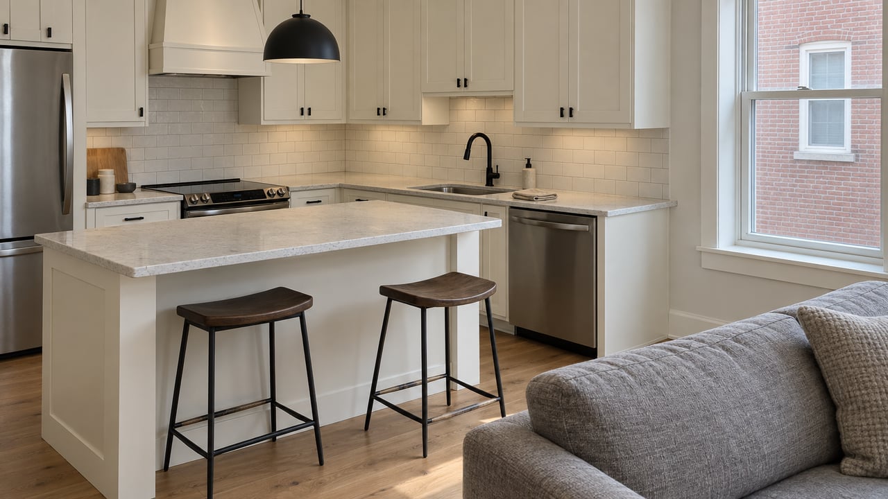 Compact condominium kitchen with ivory shaker cabinets, pale quartz peninsula, two stools and a gray sofa corner in natural window light.