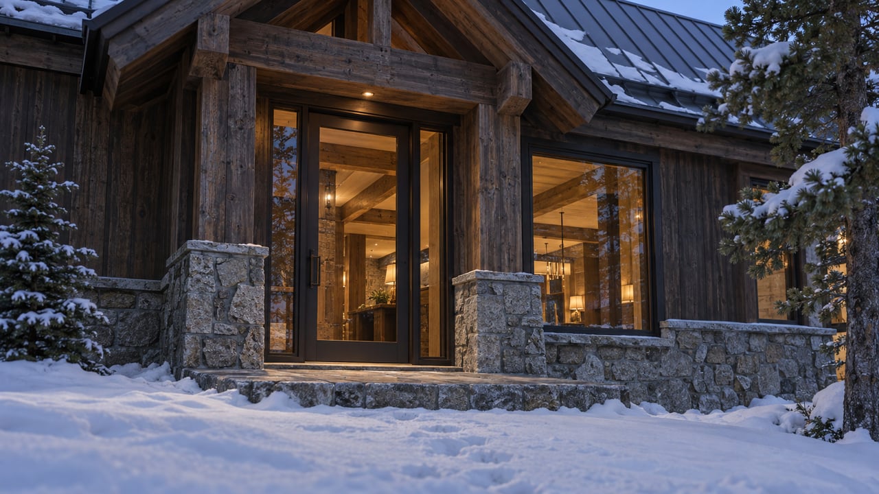 Snow-covered lodge entry with a raised stone landing, glazed door, cedar walls, and timber gable.
