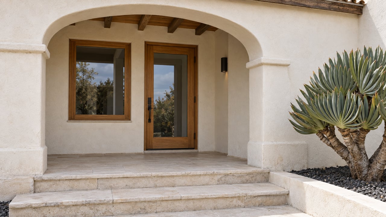 A lime-plastered arched porch frames a closed oak and glass door beside a wood-framed window, with worn limestone steps and a sculptural fan aloe.