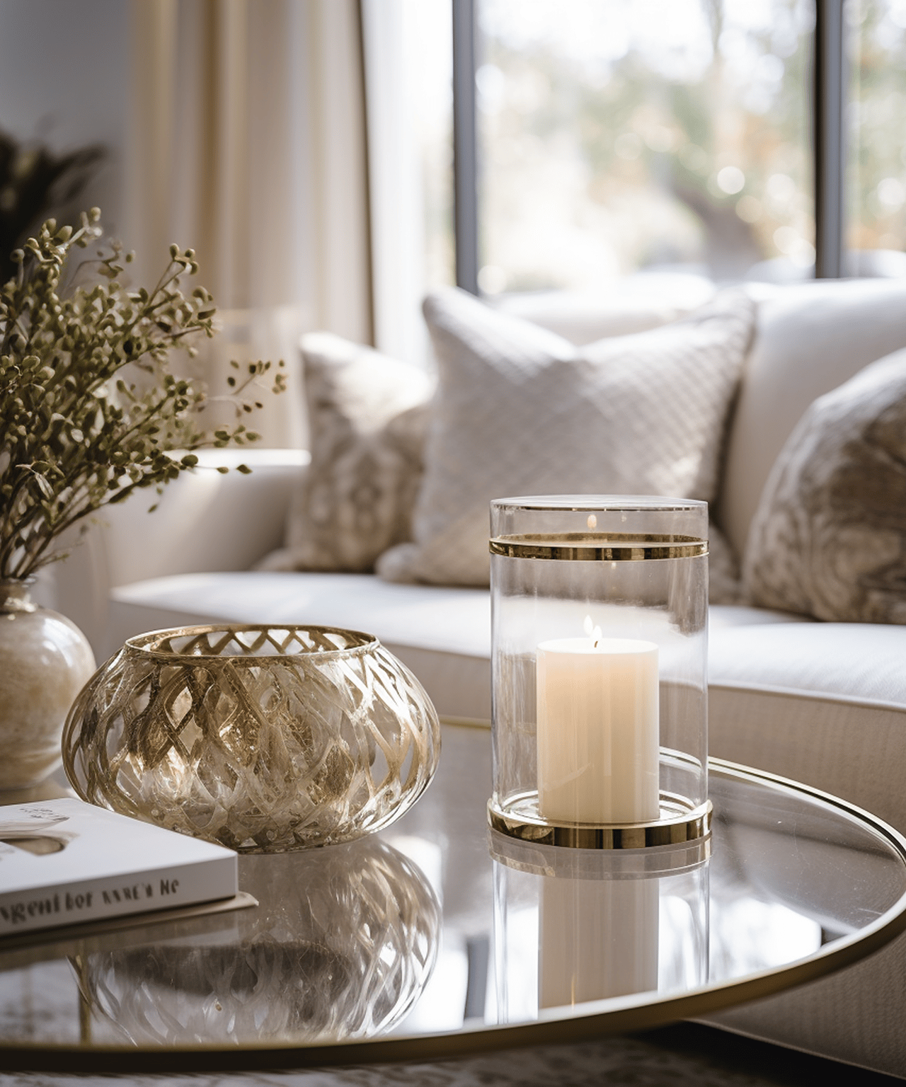 Living room vignette with a lit candle, gold bowl, and leafy branches on a mirrored coffee table.