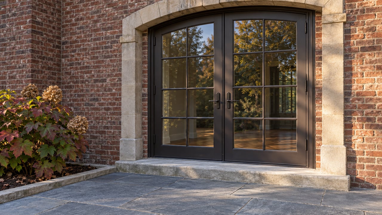 Paired bronze glazed doors beneath a limestone arch in a weathered brick home, opening onto a bluestone terrace beside burgundy oakleaf hydrangea.
