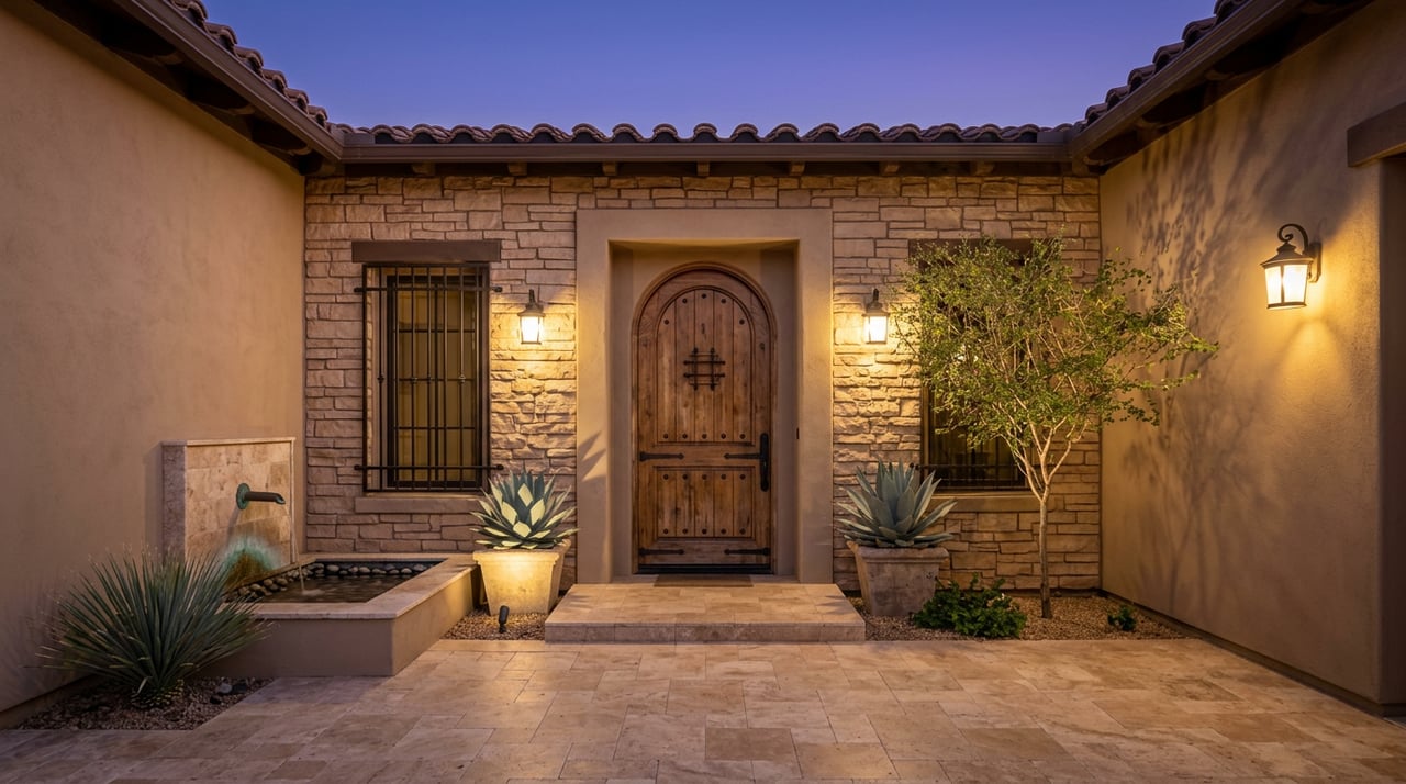 Stone entry courtyard with an arched wooden door, iron grille, and small illuminated water feature.