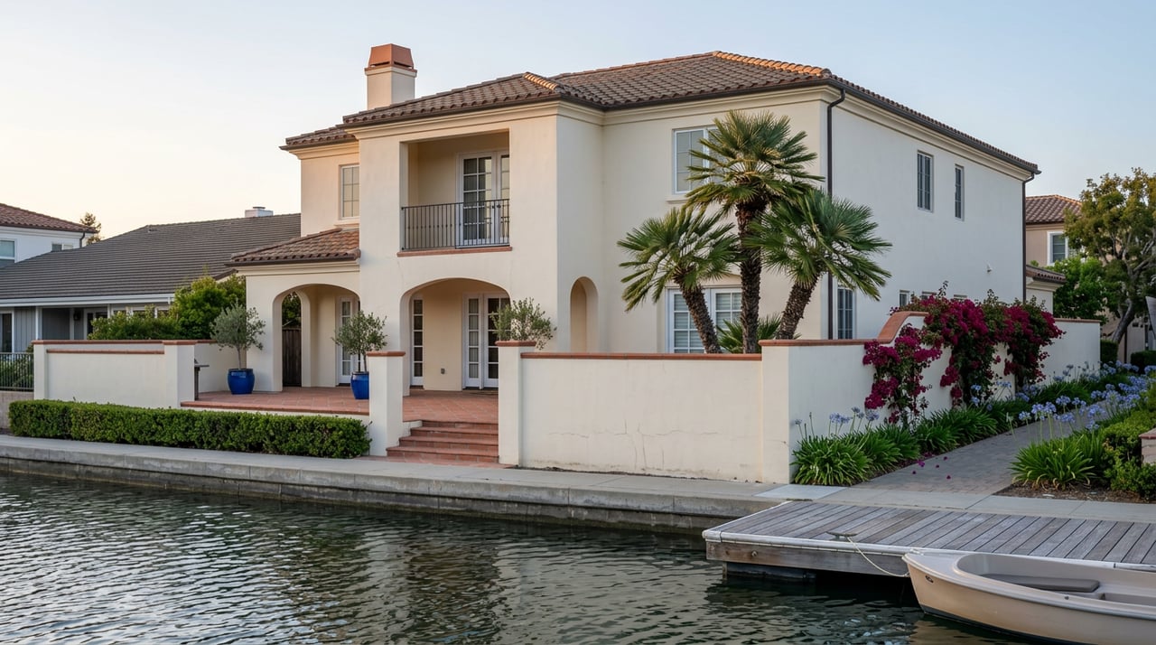 Cream stucco canal-side home with terracotta roof, arched loggia, magenta bougainvillea, and a small boat by the dock.