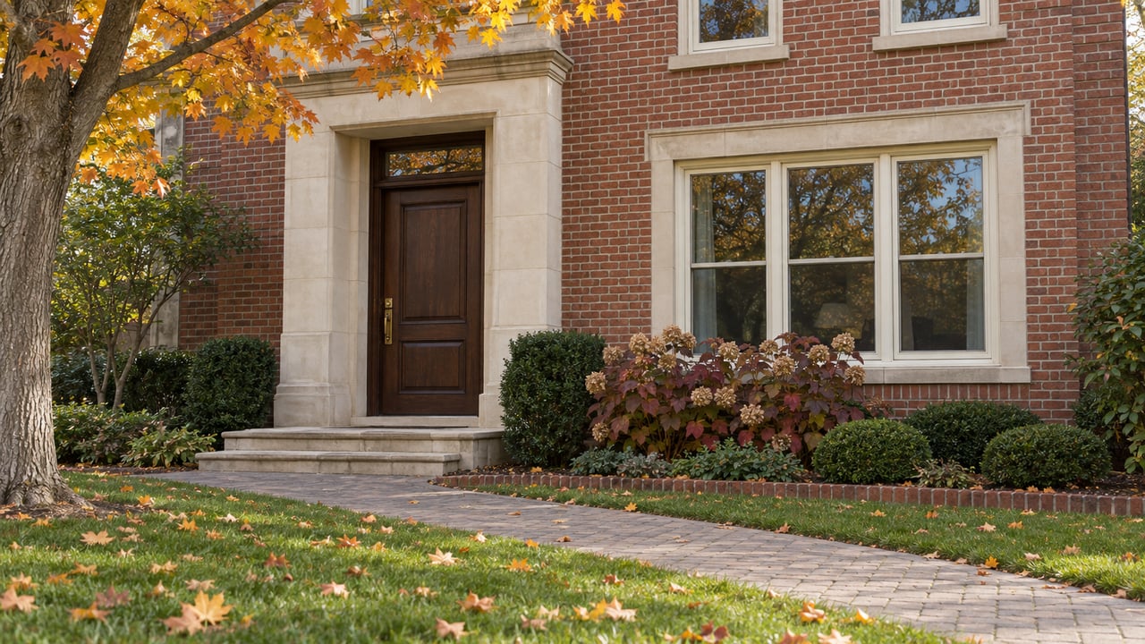 An oak front door framed in limestone beside red brick and ivory windows, with golden maple leaves, burgundy oakleaf hydrangeas and a paver approach.