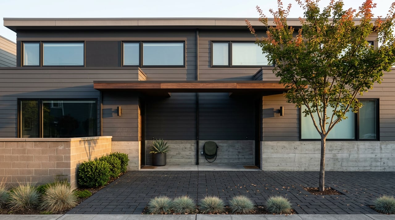Modern charcoal duplex with twin recessed entries, a walnut canopy, and a small tree beside the shared walkway.