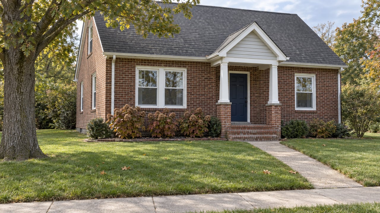 A modest brick home with a gabled roof, covered front entry, deep lawn, mature oak, and autumn oakleaf hydrangeas.