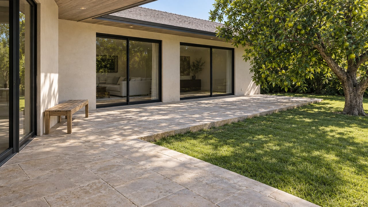 A mature citrus tree beside a limestone patio and an ivory stucco home with black-framed glass doors.