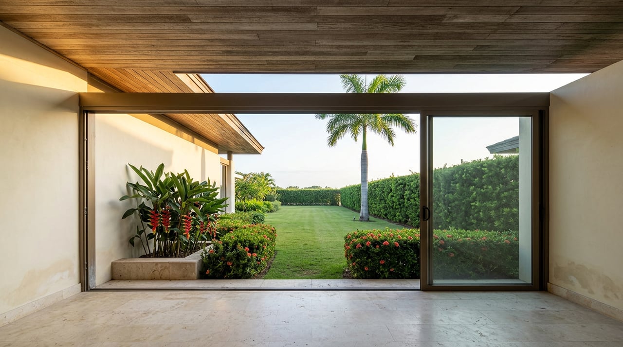 Covered limestone terrace with wood ceiling and open glass wall overlooking turf, a palm, and a clipped hedge.