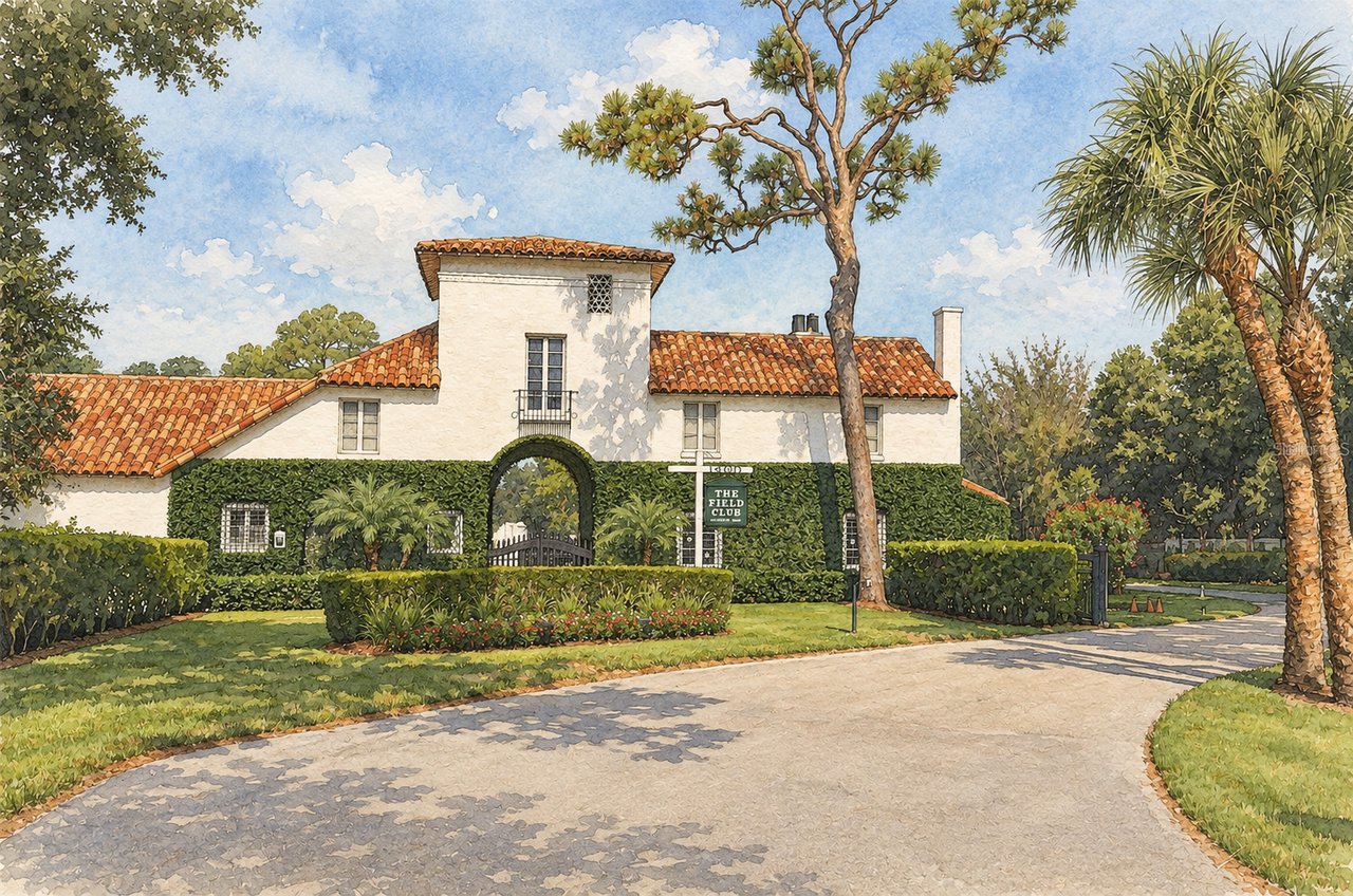The Field Club entrance, with a hedge-lined archway and terracotta-roofed building.
