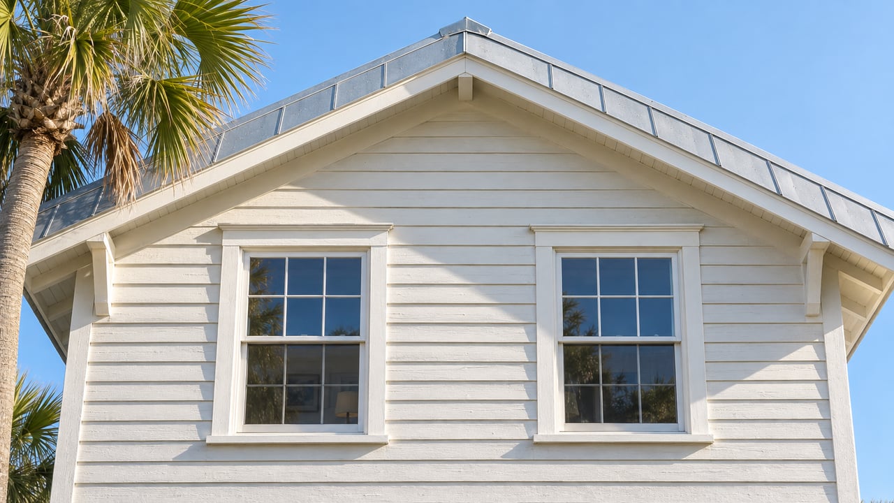 Sunlit white clapboard cottage gable with two framed windows, a weathered metal roof and one mature fan palm.