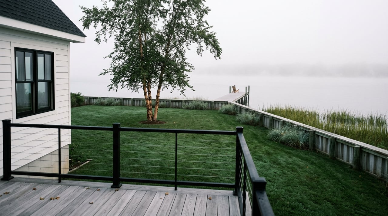 A river birch stands in a waterfront lawn above a timber bulkhead and short dock fading into fog.