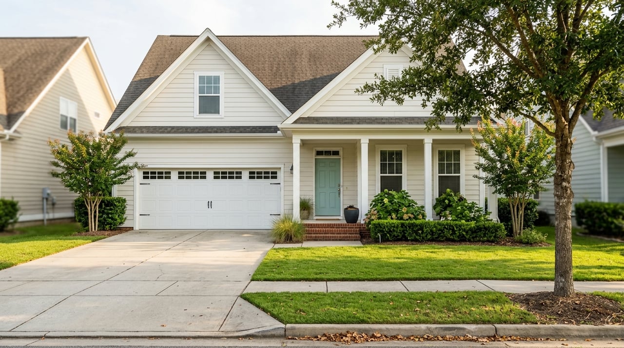 Suburban home facade with a front lawn, driveway, sidewalk, and landscaping.
