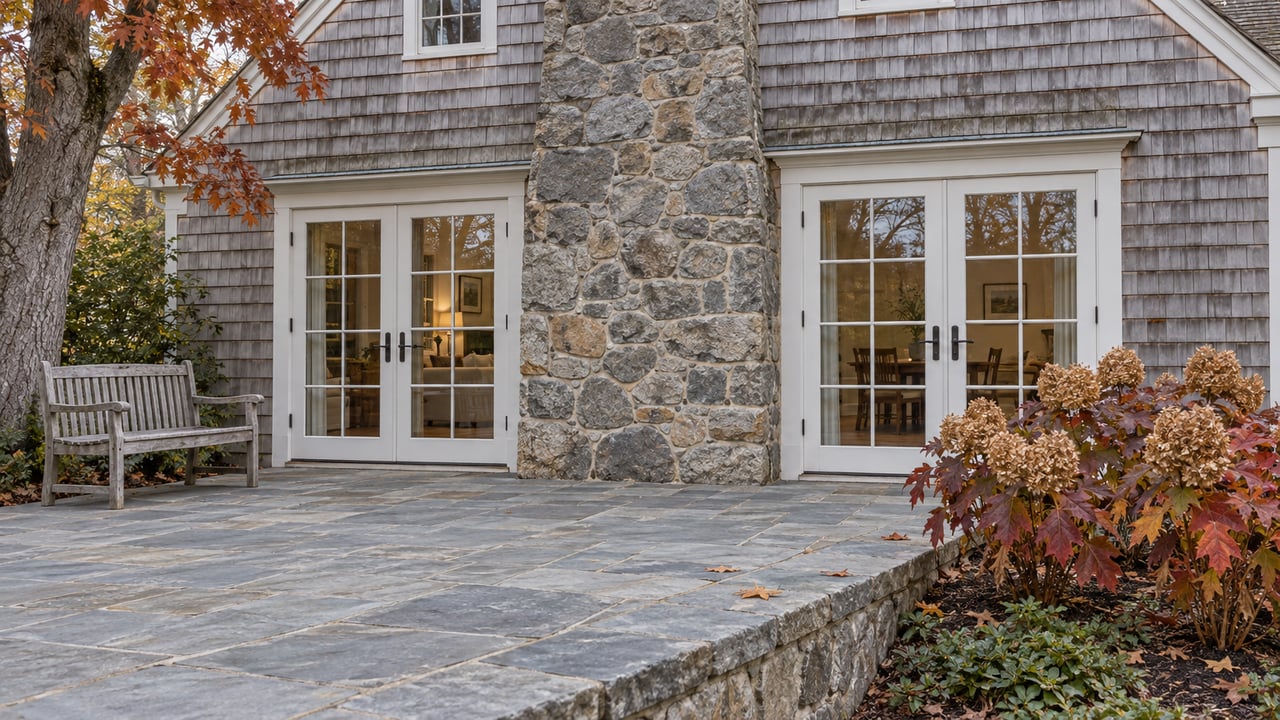 Silver-gray shingled home with closed white French doors, a fieldstone chimney, and a stone terrace beside copper-colored oakleaf hydrangeas.
