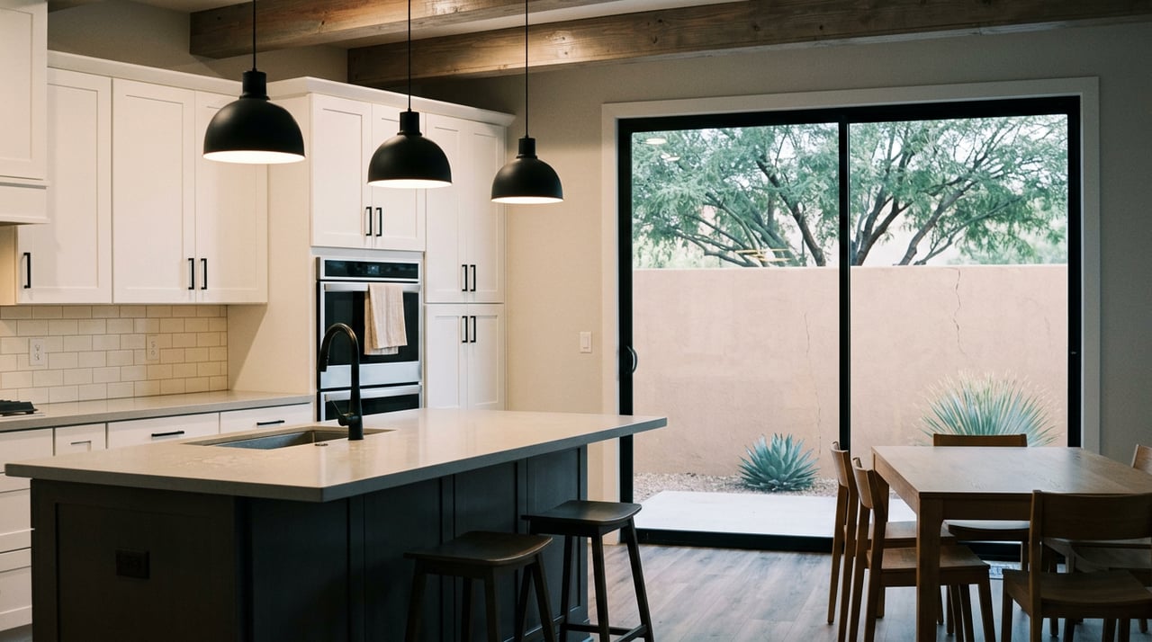 Open-plan kitchen with a charcoal island, oak dining table, and sliding glass door to a walled patio.