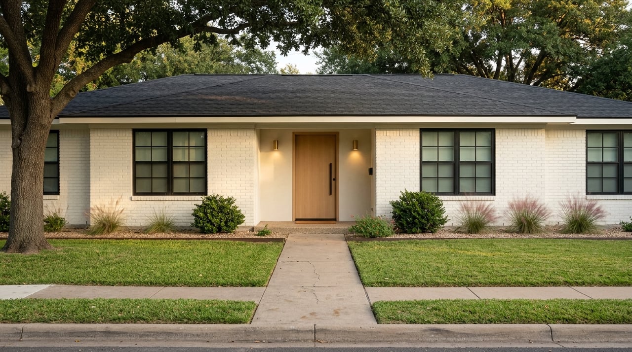 Painted-brick home entry beneath a mature live oak, with updated transitional details.