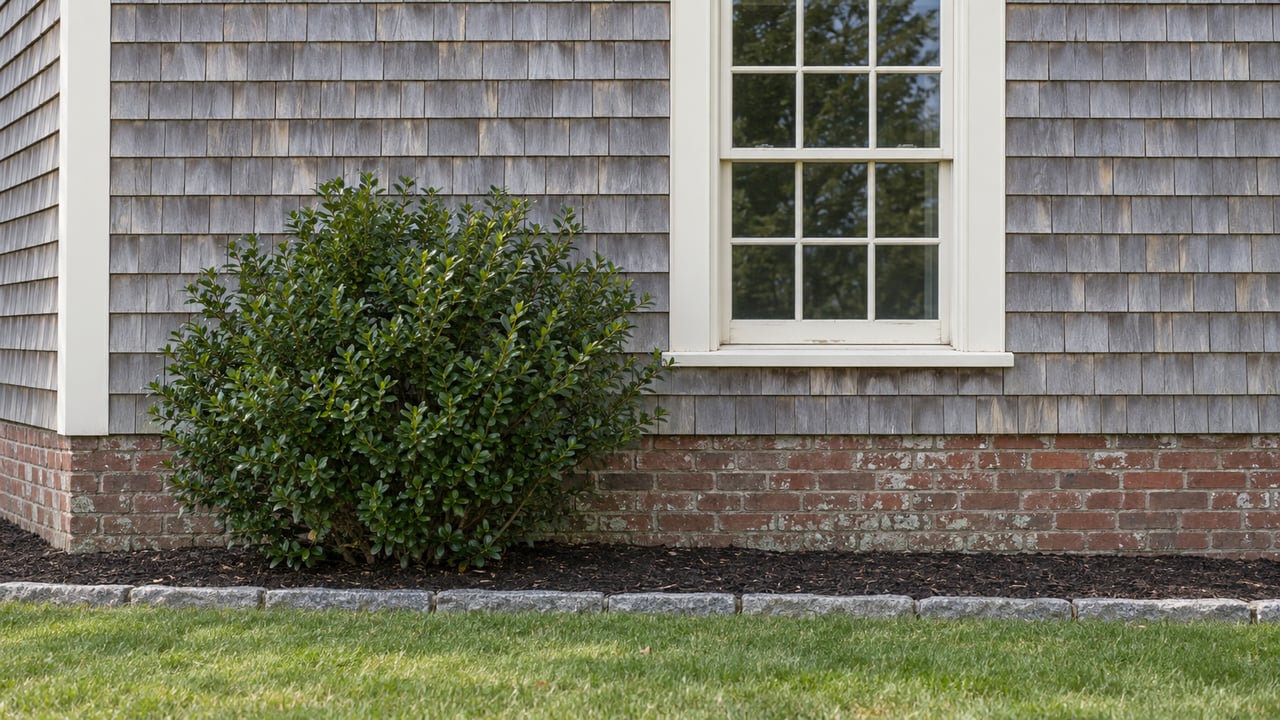 Weathered cedar-shingle wall with a closed divided-light window, brick foundation, and dark green shrub.