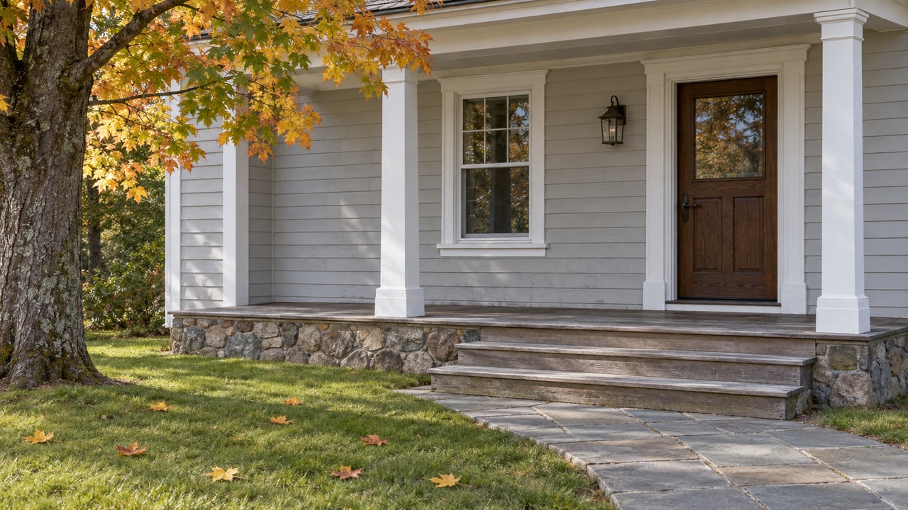 Traditional pale gray clapboard home with a sheltered oak entry, weathered cedar steps and amber maple leaves beside an open lawn.