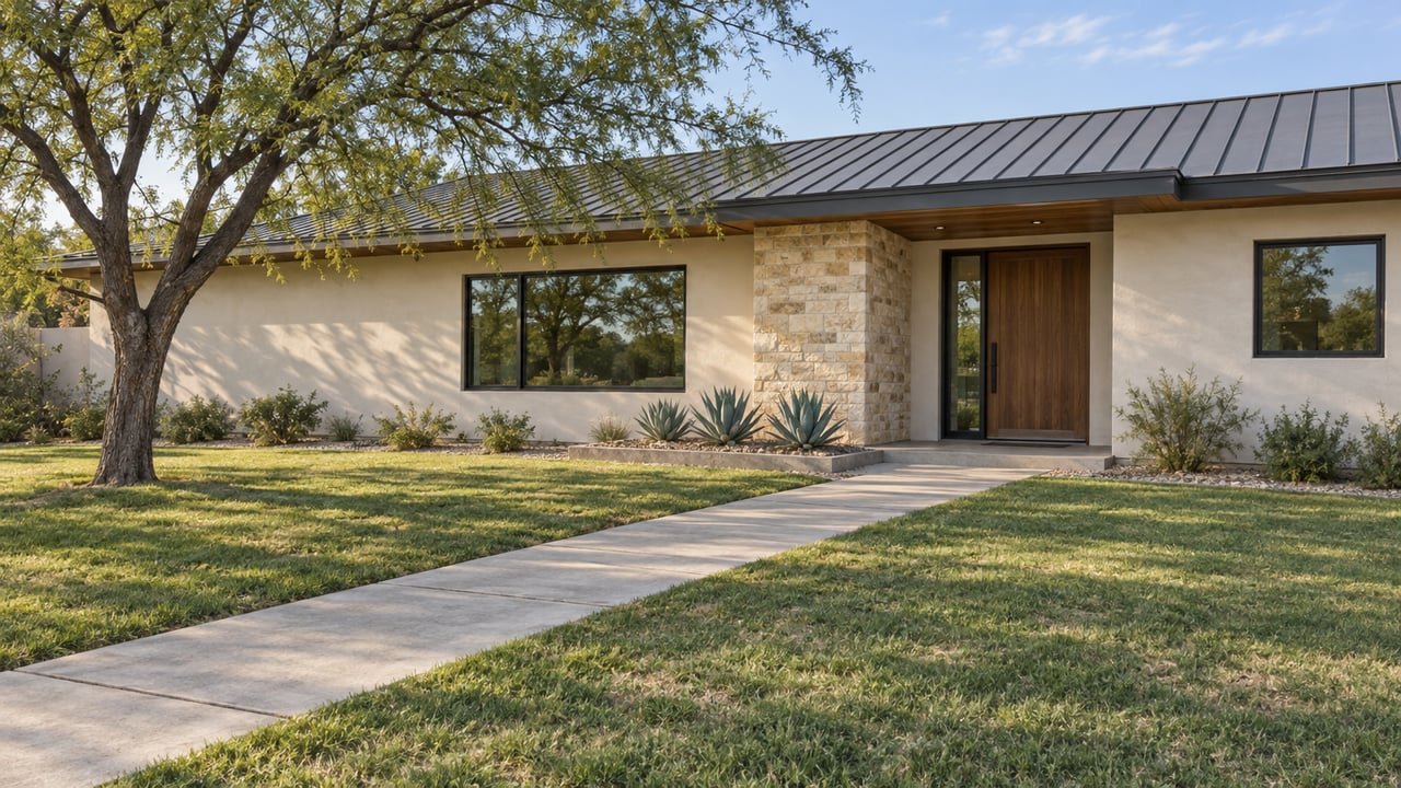 Low ivory stucco home with a walnut entry door, limestone pier, deep front lawn and a mature velvet mesquite in afternoon light.