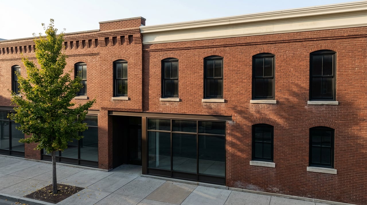 Three-story brick storefront with arched windows, pale stone trim, and a sidewalk ginkgo tree.