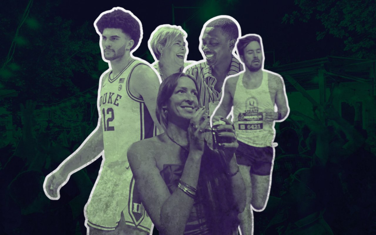 Editorial collage of five people, including a Duke basketball player and a race runner.