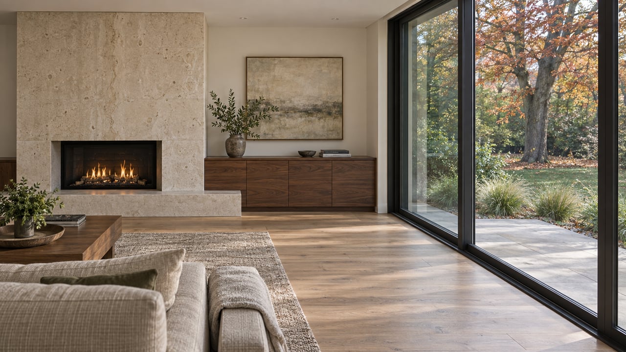 Living room with a limestone fireplace, walnut built-in, and glazed doors opening onto a wooded yard.