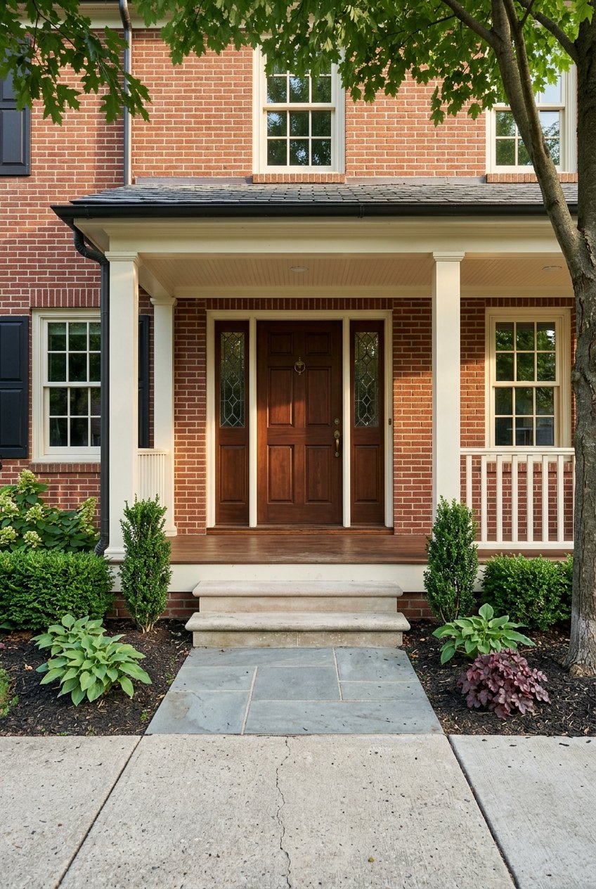 Brick home entry with a mahogany door, leaded-glass sidelights, limestone steps, and leafy trees overhead.