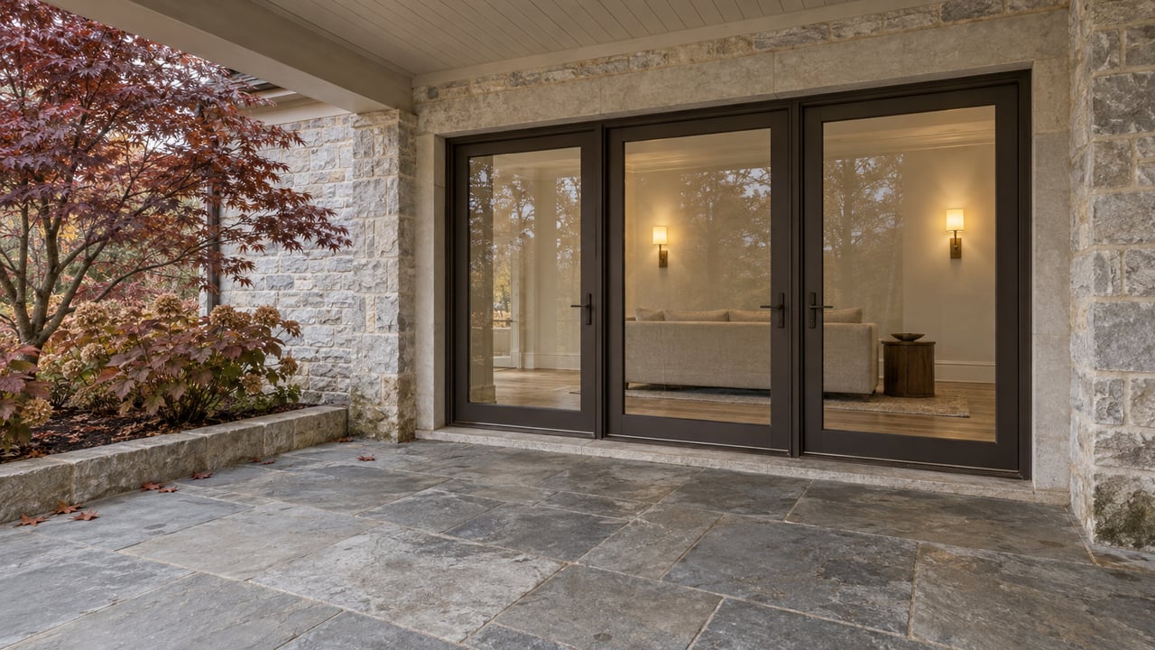 Covered limestone terrace with bluestone paving, bronze-framed glass doors and burgundy autumn planting beside a warmly lit living room.