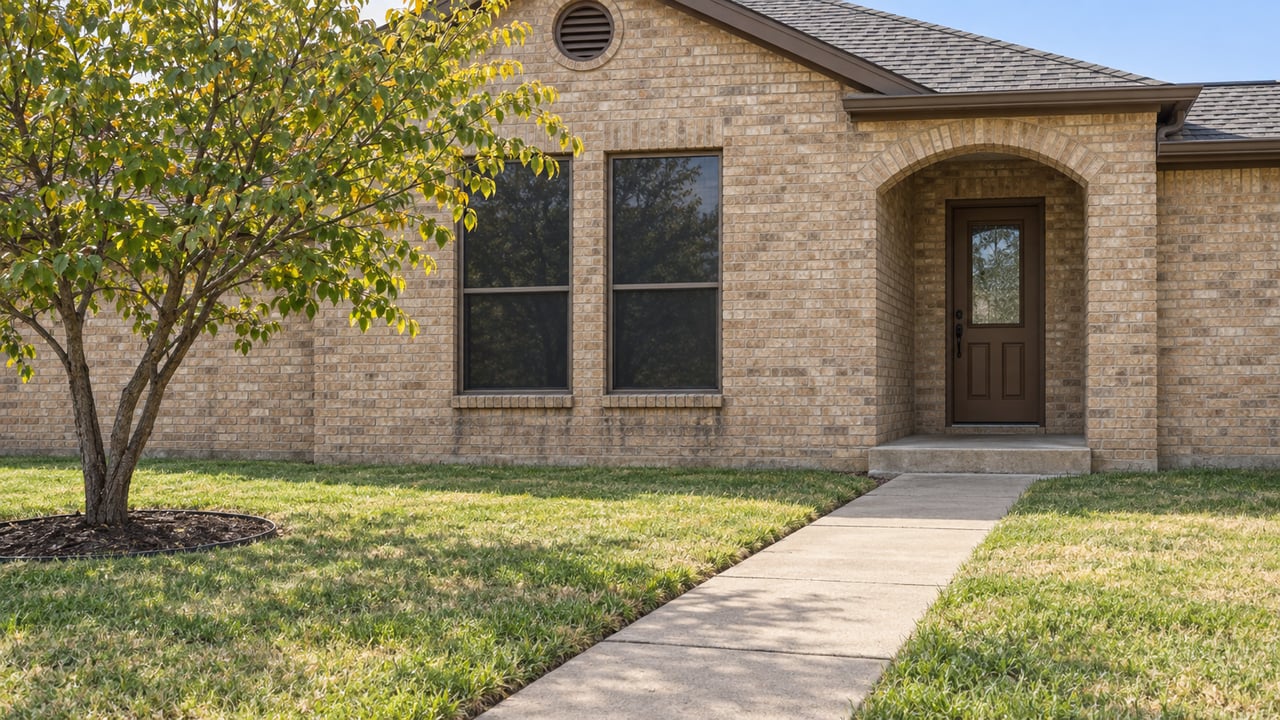Sandy brick home with an arched porch, dark screened windows, a concrete front walk and a broad lawn beside a redbud tree.
