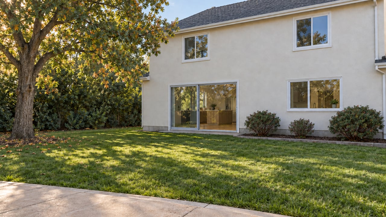A sunlit lawn and mature oak beside a pale stucco home with a fully glazed, closed sliding doorway.