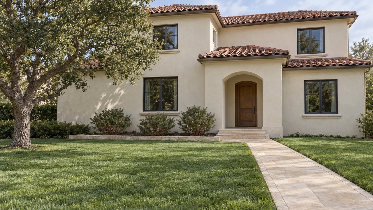 Ivory stucco home with terracotta roof tiles, a broad front lawn, limestone walkway and mature oak.