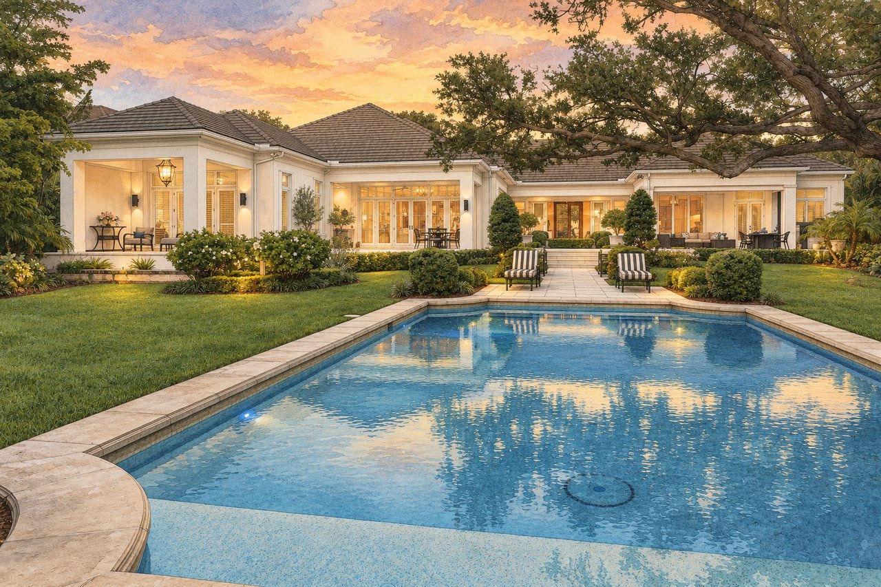 Single-story home with a landscaped patio and large swimming pool at sunset.