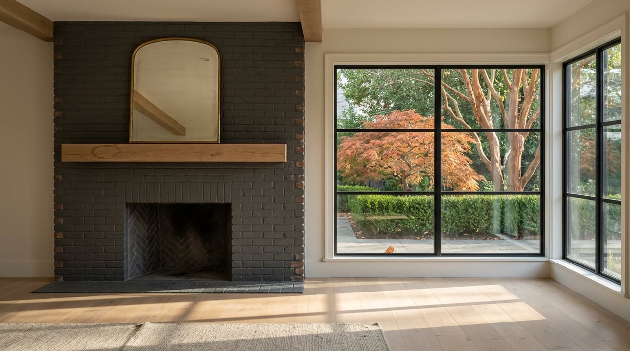 Great room with a charcoal-brick fireplace, oak mantel, and sunlit black-steel window framing a coppery Japanese maple.