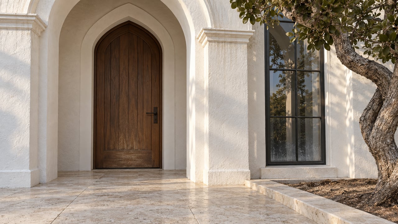 Sunlit white stucco entry with a recessed walnut door, dark-framed window and pale limestone landing beside a twisting sand live oak.
