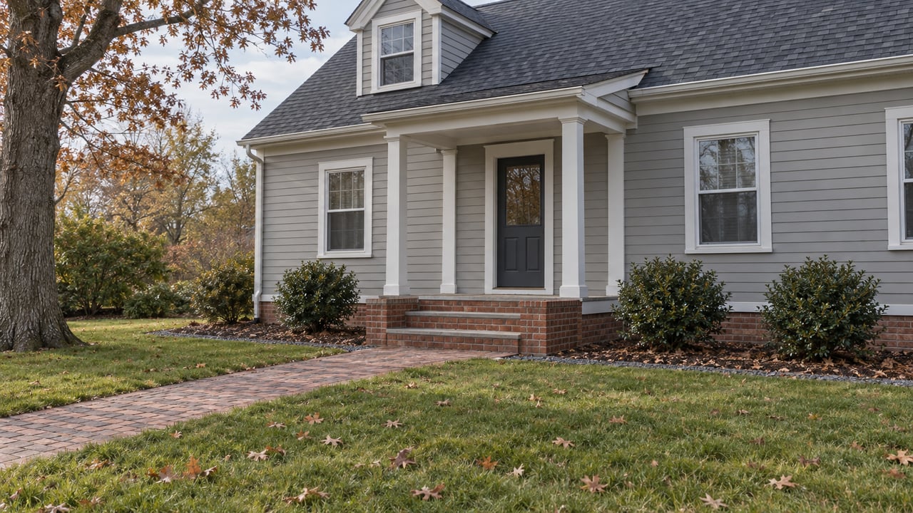 Gray clapboard home with a brick porch, broad autumn lawn, and a mature oak in cool November daylight.