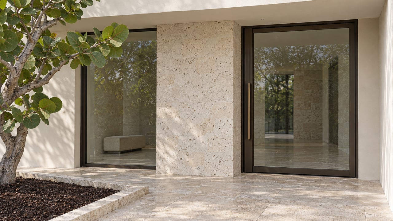 Close view of an ivory contemporary home's glazed entrance, fossil-flecked limestone pier and landing, with rounded sea grape leaves along the left edge.