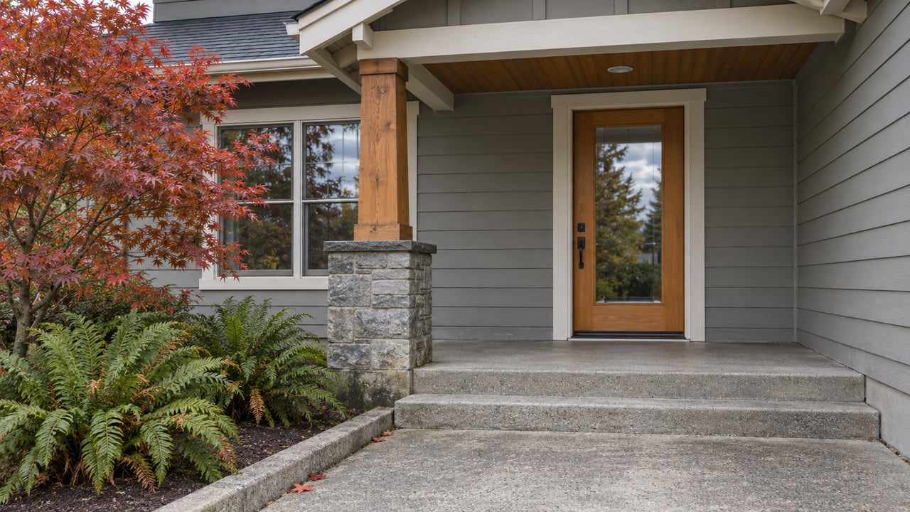 Autumn maple and sword ferns beside the concrete approach to a covered Craftsman entry with gray siding, cedar post and stone base.