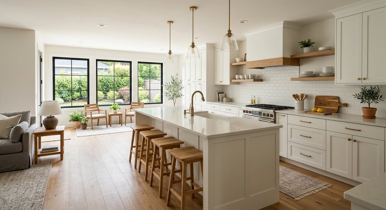Open-plan white kitchen with quartz island, two stools, globe pendants, and a small patio garden visible through rear windows.