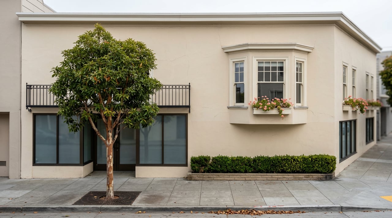 Cream stucco storefront with a projecting bay window, coral window-box flowers, and a street tree along the sidewalk.