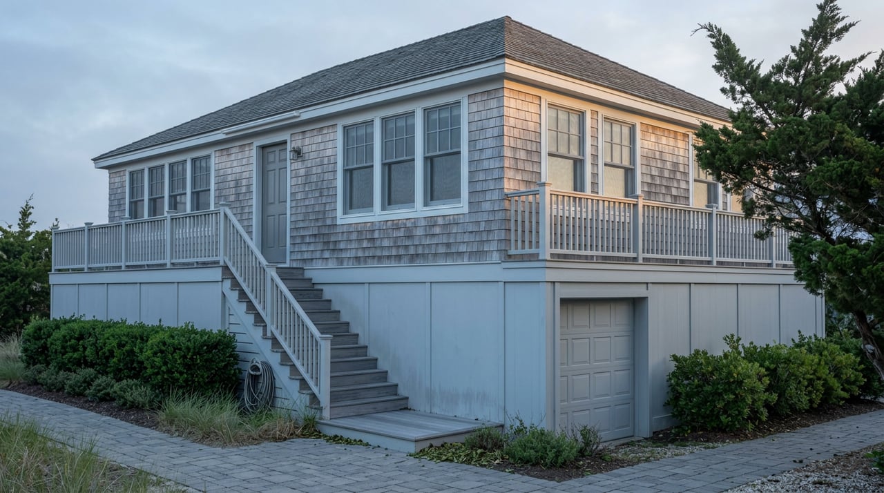 Raised coastal shingle home with white-trimmed windows, exterior stairs, and a wind-shaped cedar beside the planted approach.