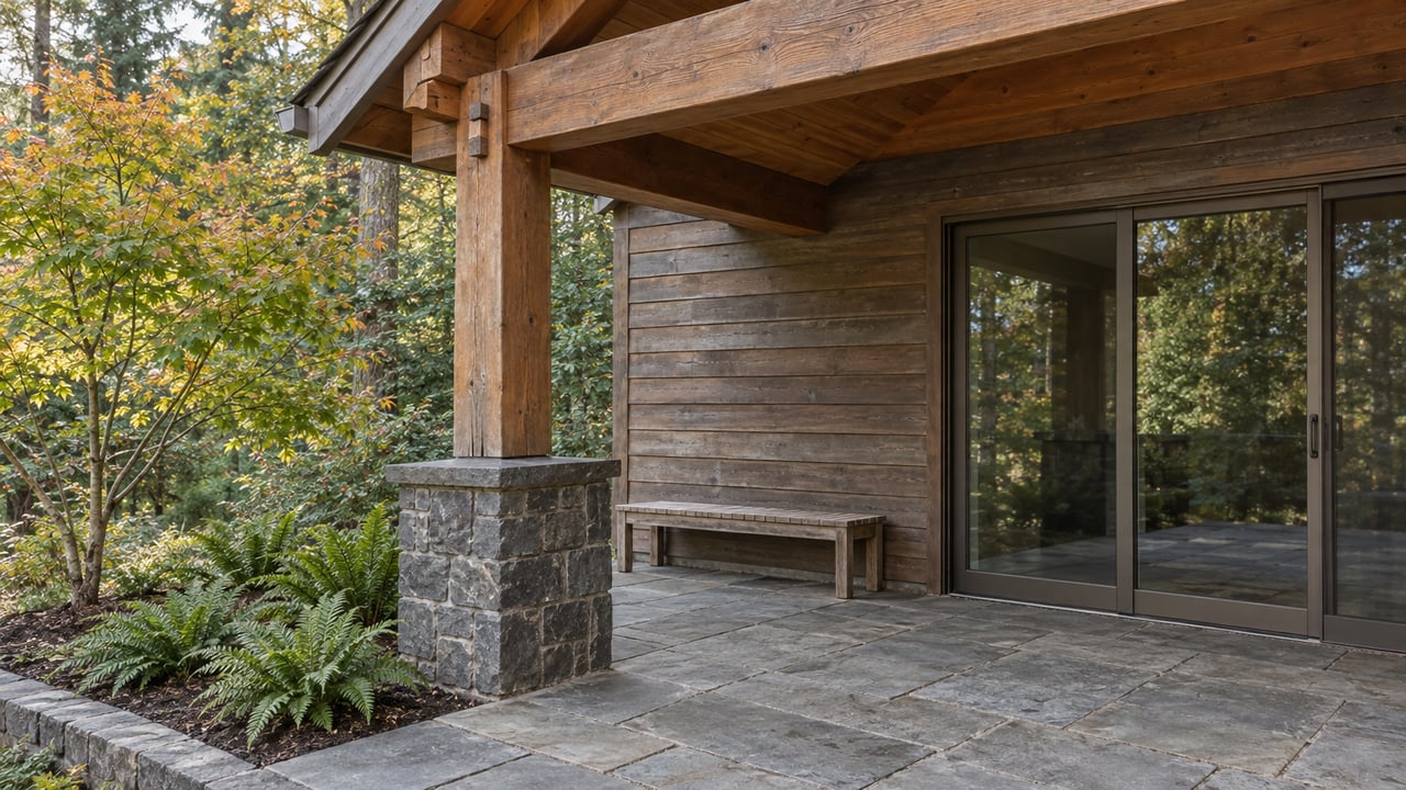 Timber-covered terrace with a basalt pier, weathered cedar siding and a glazed door beside vine maple and sword ferns.