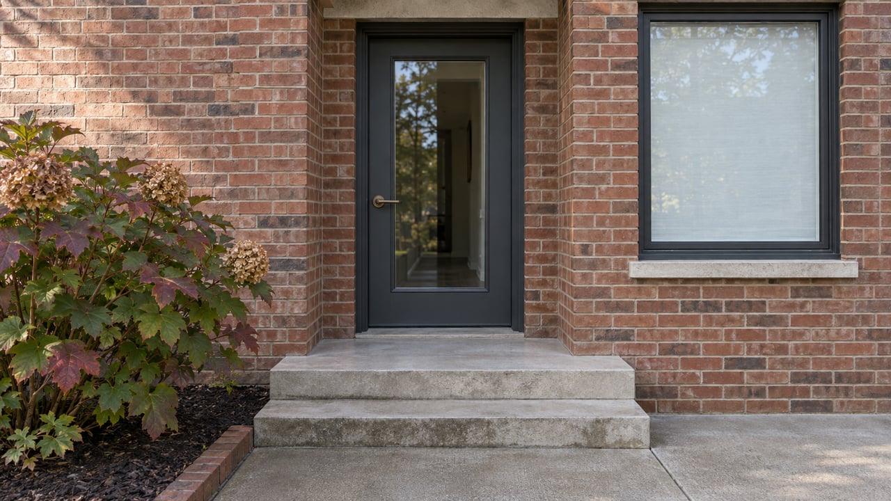 Recessed glazed charcoal entry door in warm brick beside a rectangular window, with limestone steps and an oakleaf hydrangea in a brick-edged bed.
