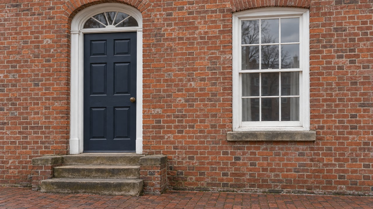Weathered red-brick home with a dark-blue paneled door, glazed fanlight, white sash window and worn sandstone steps beside a damp brick sidewalk.