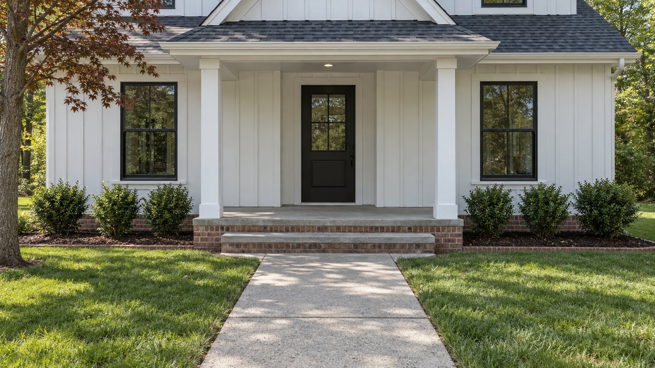 White board-and-batten home with a covered black front door, paired windows, brick foundation and a concrete walk bordered by lawn and inkberry shrubs.